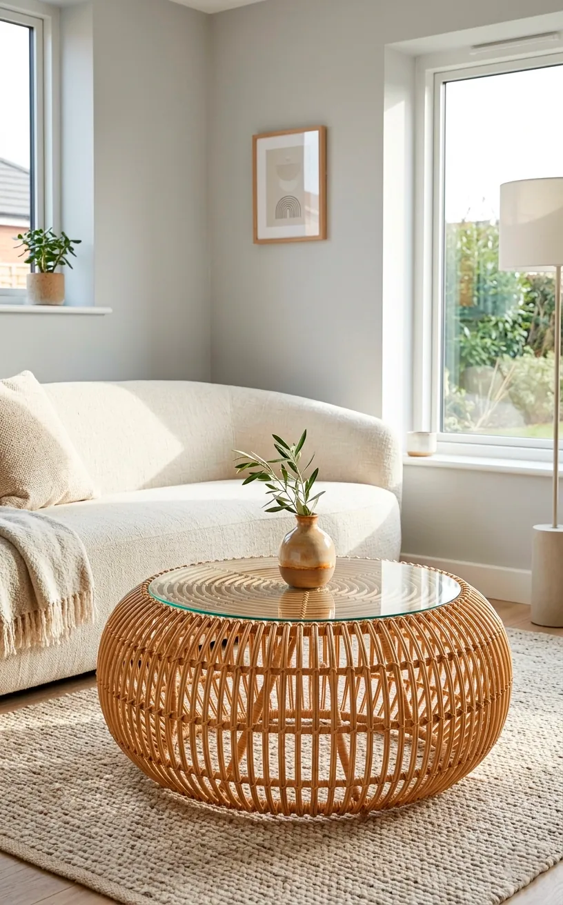Modern small living room featuring a low-profile circular woven rattan coffee table and cream sofa.