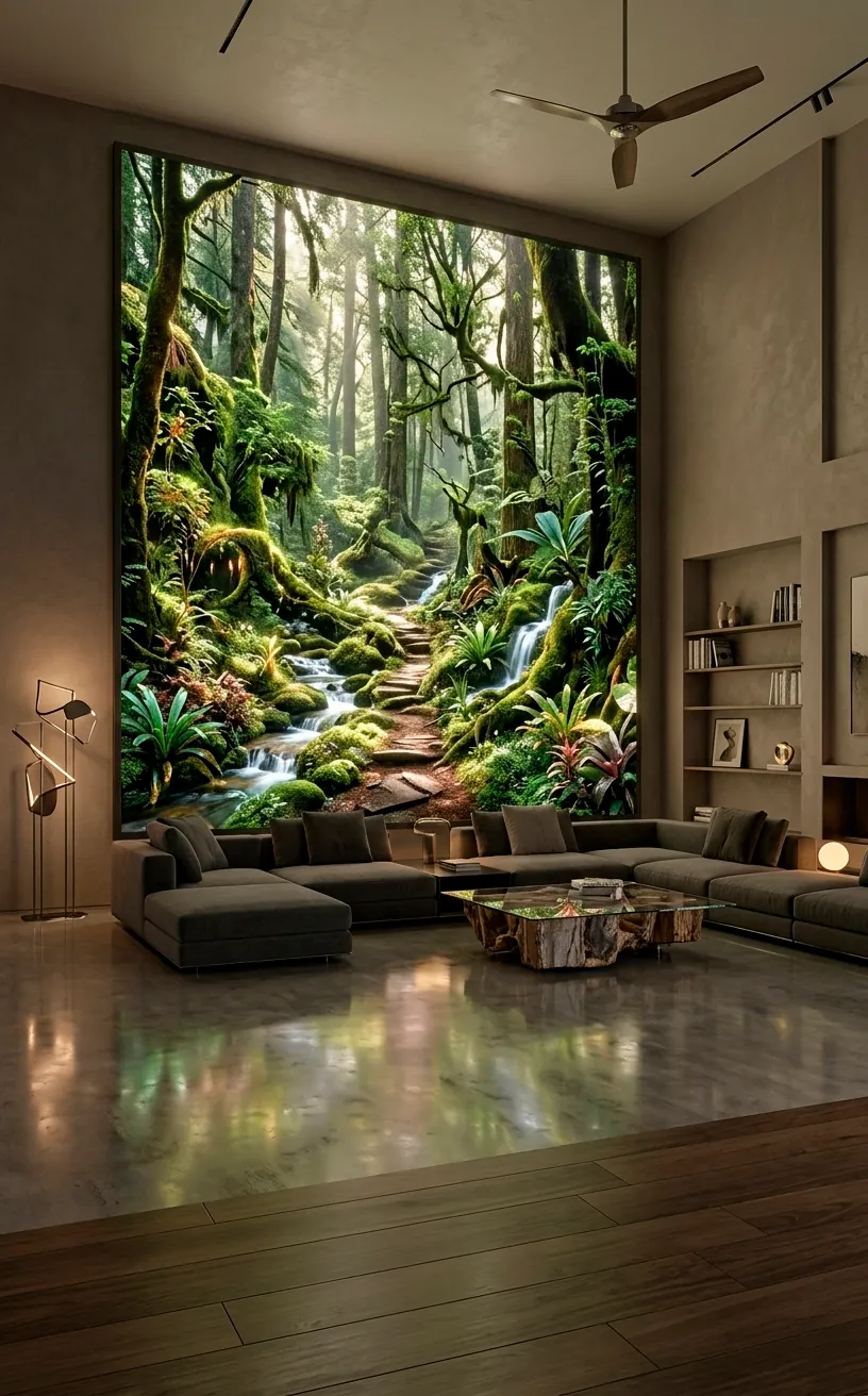 Living room with a large-scale holographic wall display showing a realistic 3D forest landscape.