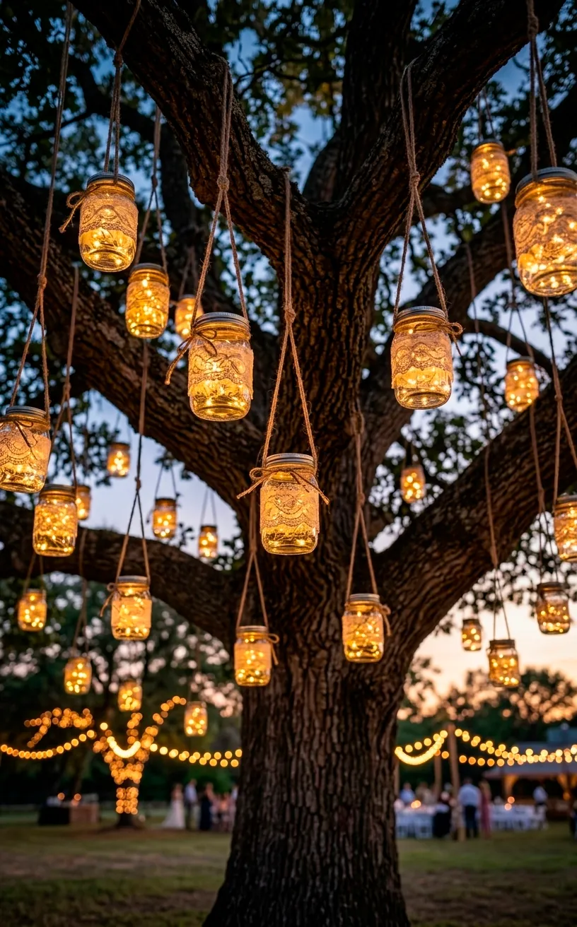Mason jars with lace and warm lights hanging from a large tree at a backyard wedding.