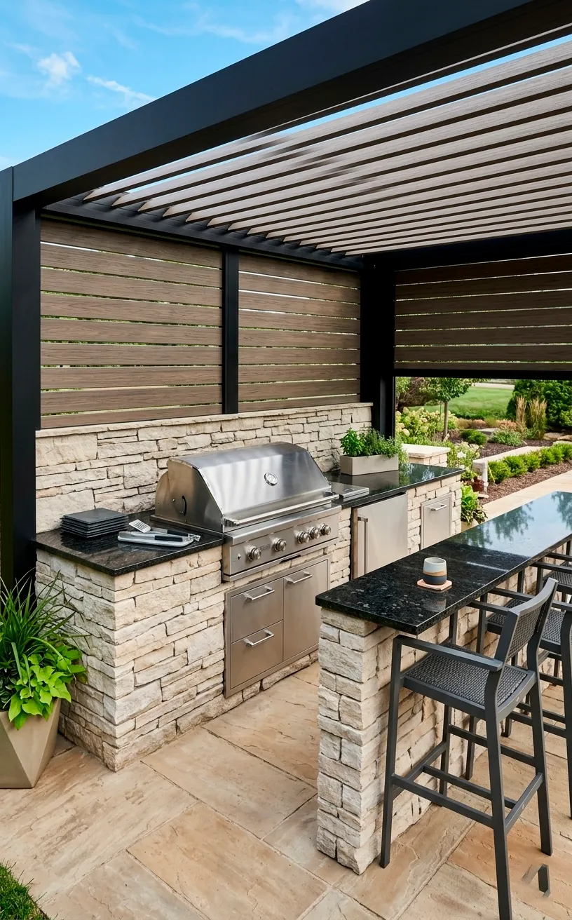Stainless steel outdoor kitchen with granite countertops and stone base under a pergola.