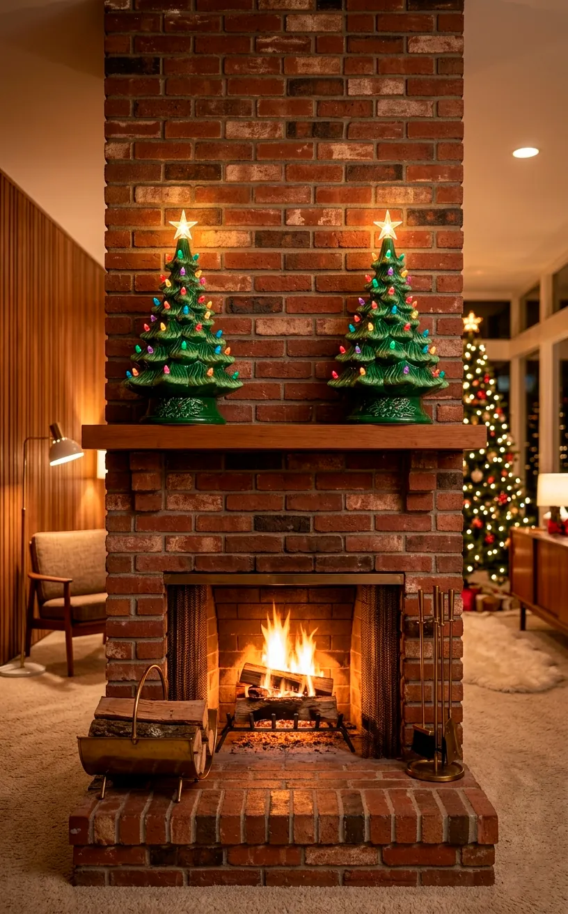 Two vintage green ceramic Christmas trees with glowing lights on a fireplace mantel.
