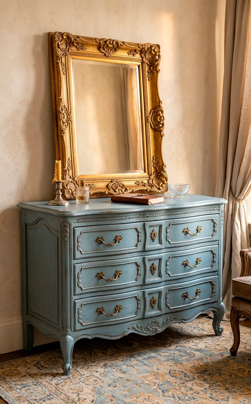 French Provincial style dusty blue dresser with gold mirror and vintage hardware.