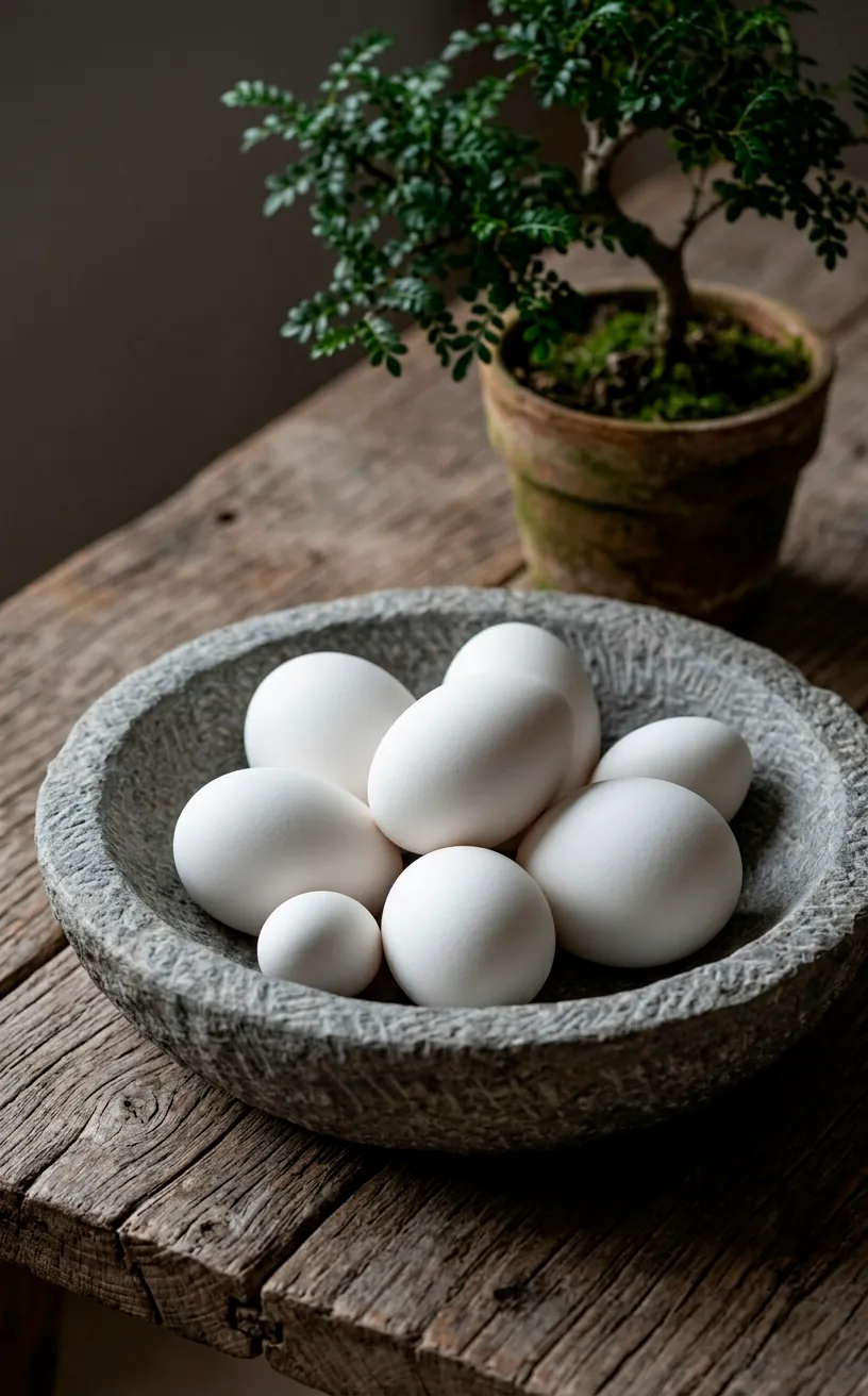 Matte white ceramic eggs in a grey stone bowl on a wooden table, Japandi style decor.