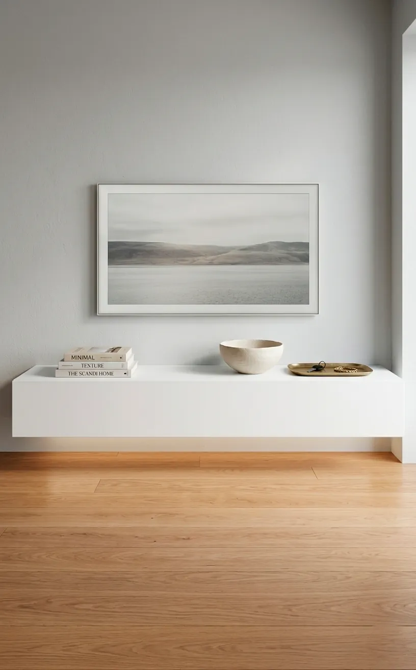 White minimalist floating media unit in a bright, modern living room.