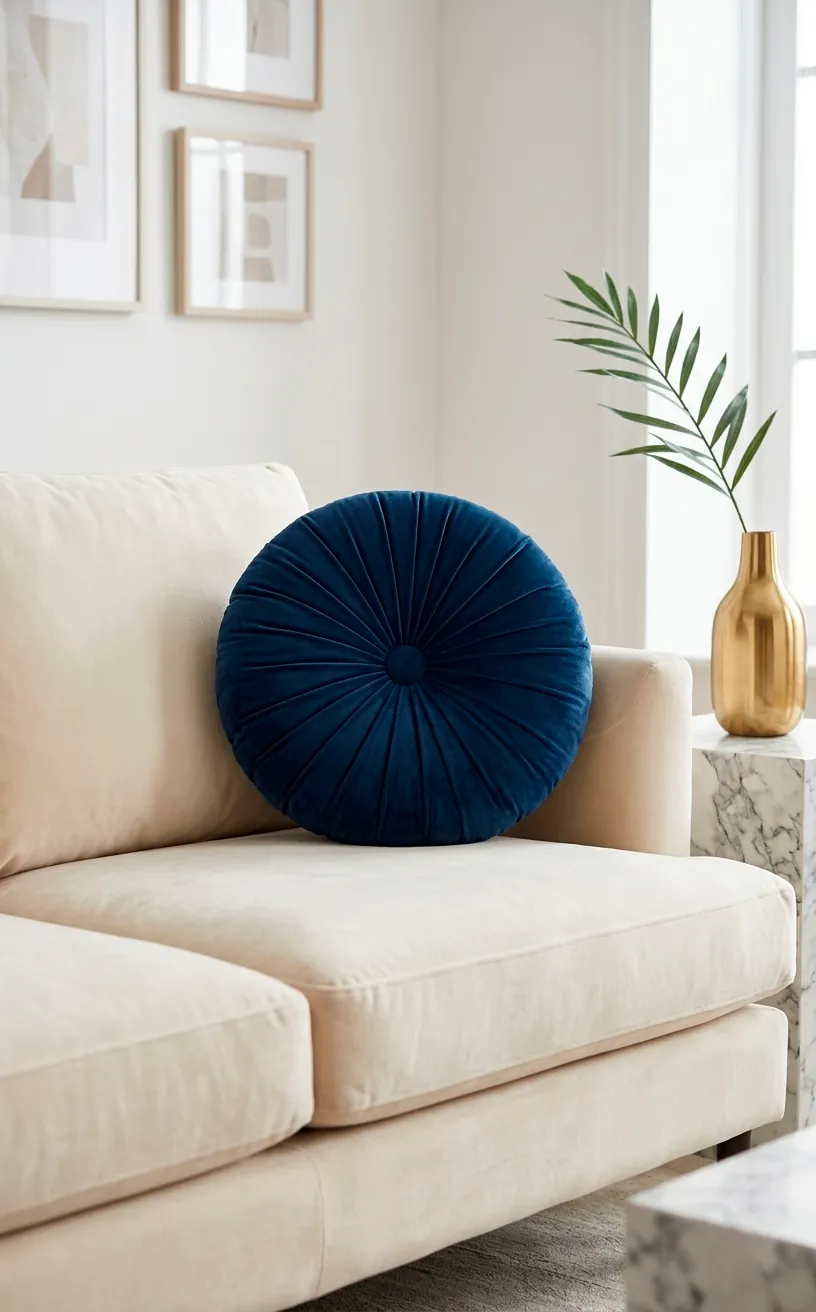 Round tufted navy blue velvet pillow with button detail on a cream sofa in a bright room.