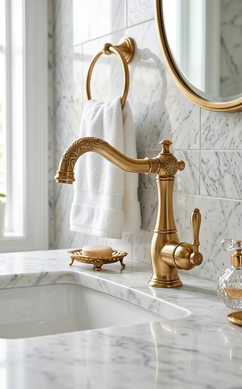 Brushed brass faucet on a white marble vanity in a luxury powder room setting.