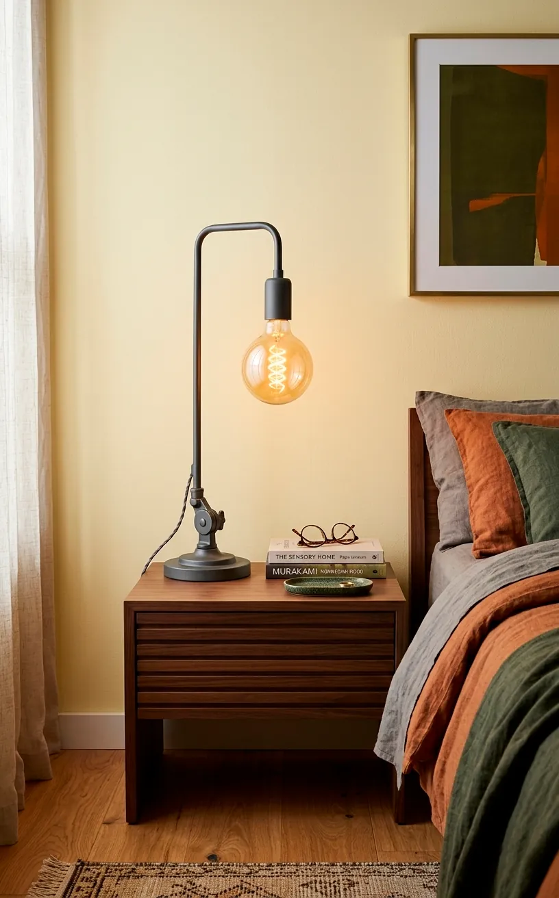 Matte charcoal grey industrial bedside lamp against a soft yellow wall in a modern bedroom.