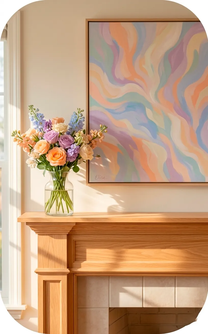 Soft pastel abstract art and a glass vase on a light oak mantel.