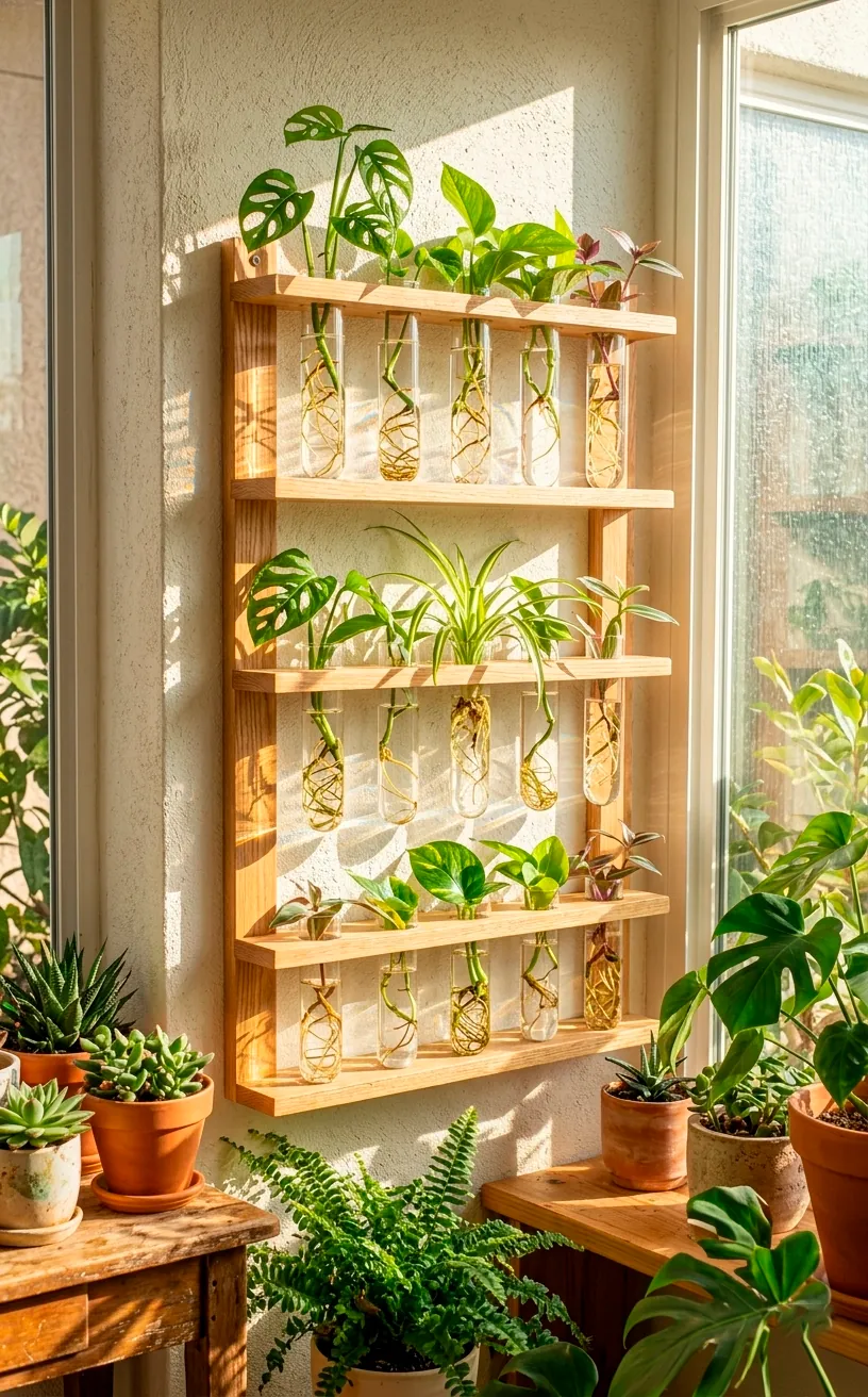 Wall-mounted wooden propagation station with glass tubes and growing plant cuttings.