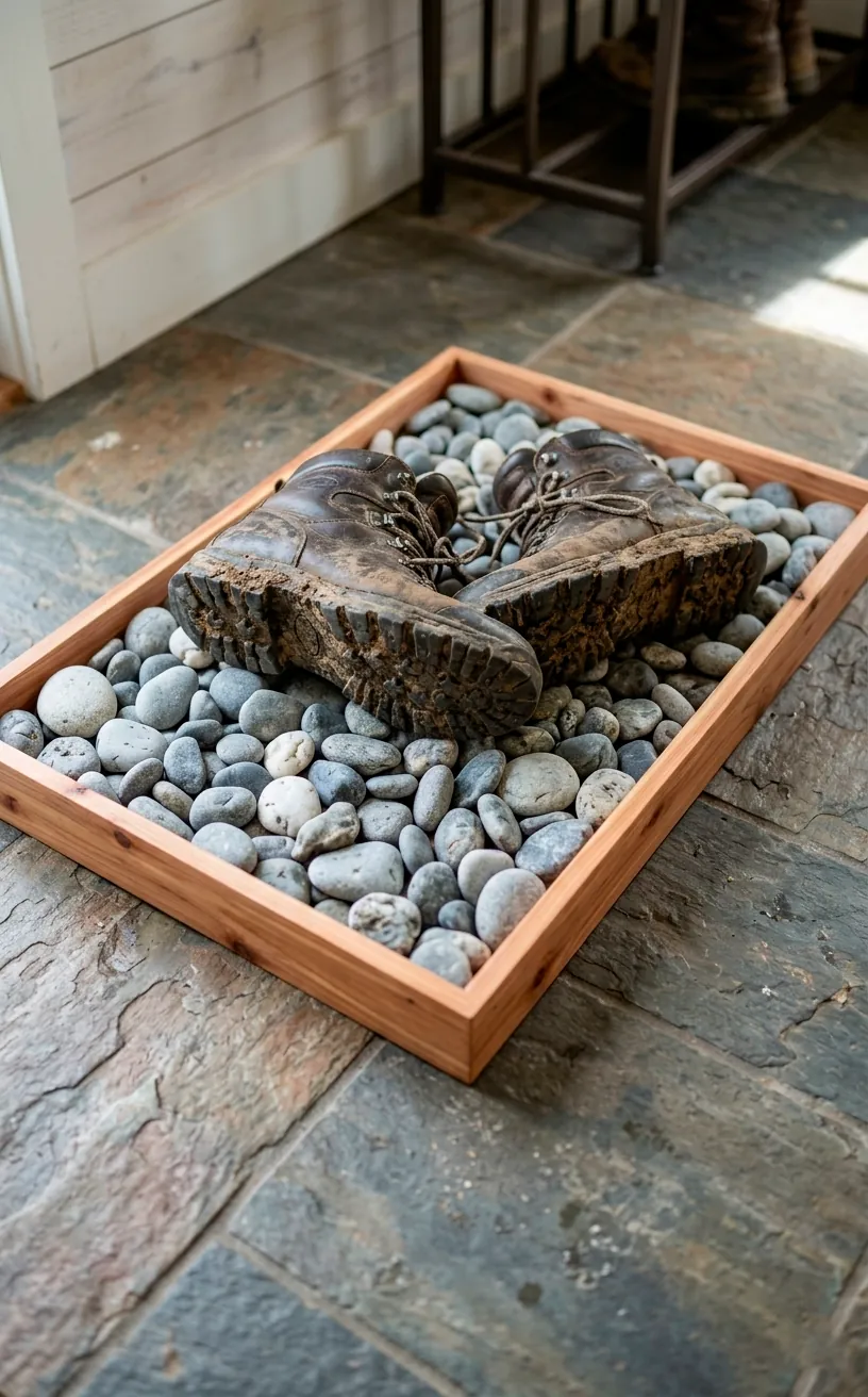 A custom cedar boot tray filled with river rocks in a winter entryway.