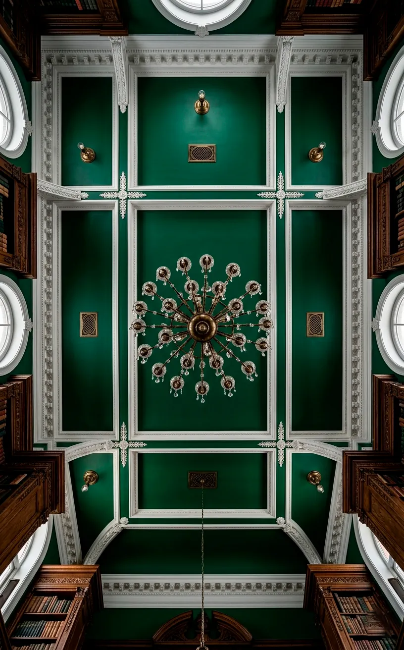 Deep emerald green painted ceiling with white crown molding and brass chandelier.