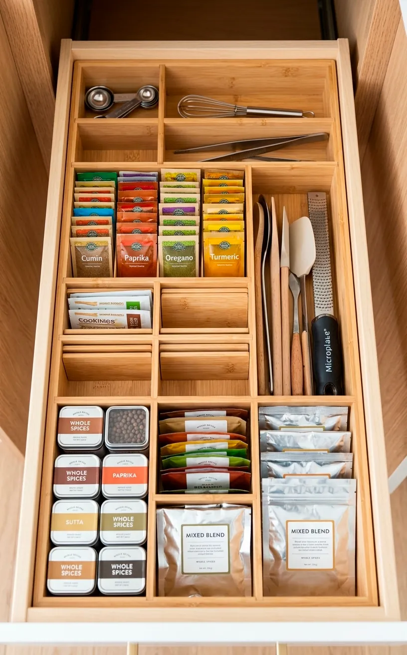 Bamboo drawer dividers organizing small items in a kitchen pantry.