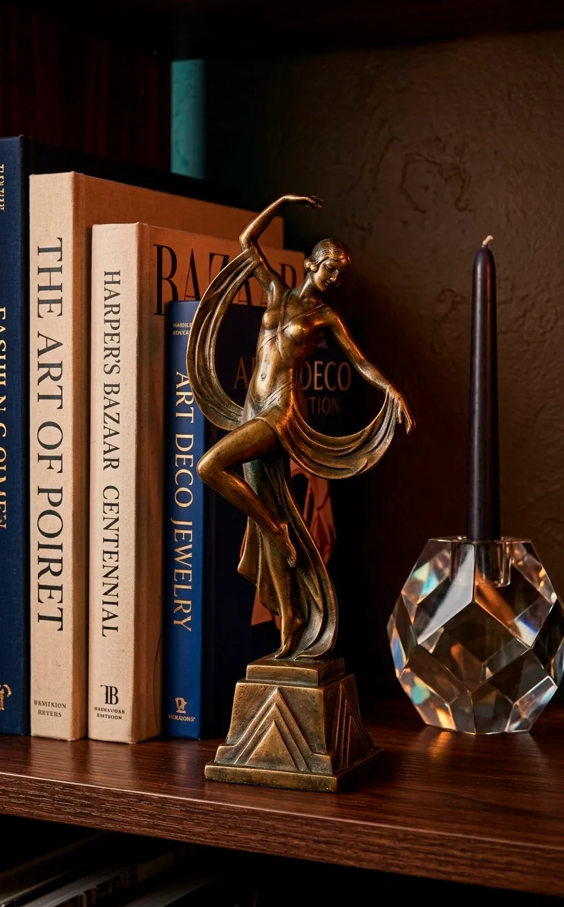 Bronze Art Deco figurine and crystal candle holder on a shelf.
