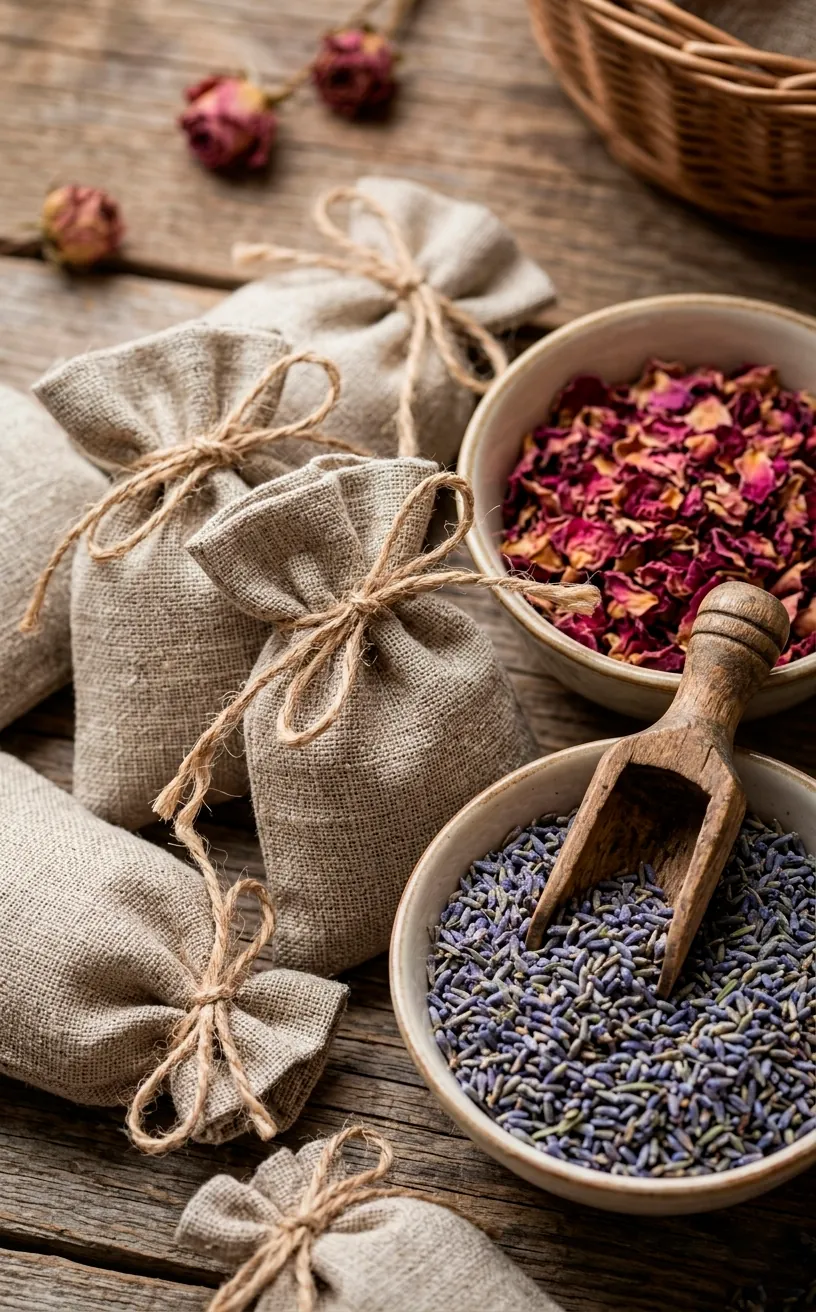 Dried lavender and rose petal sachets at a garden scent station.