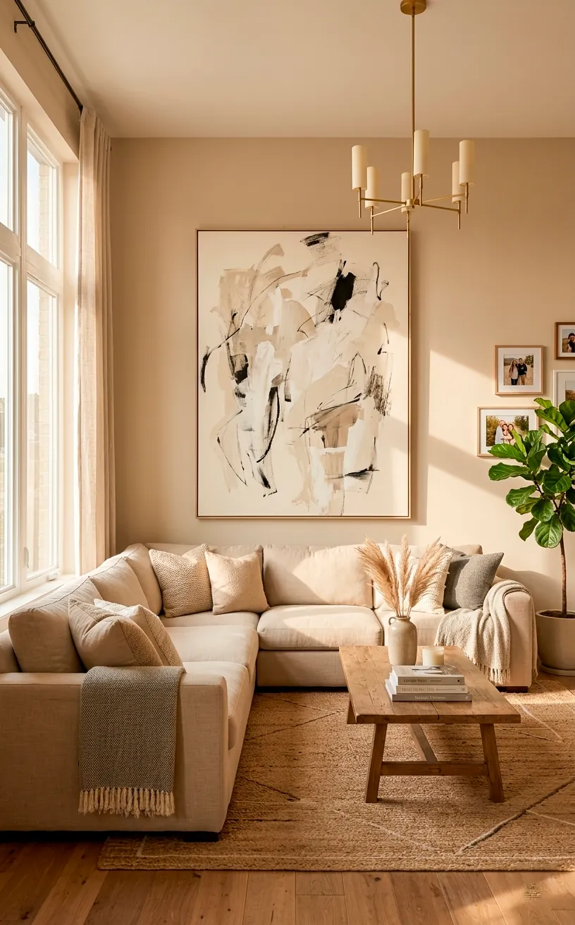 Sun-drenched living room with Jitney walls and abstract art.