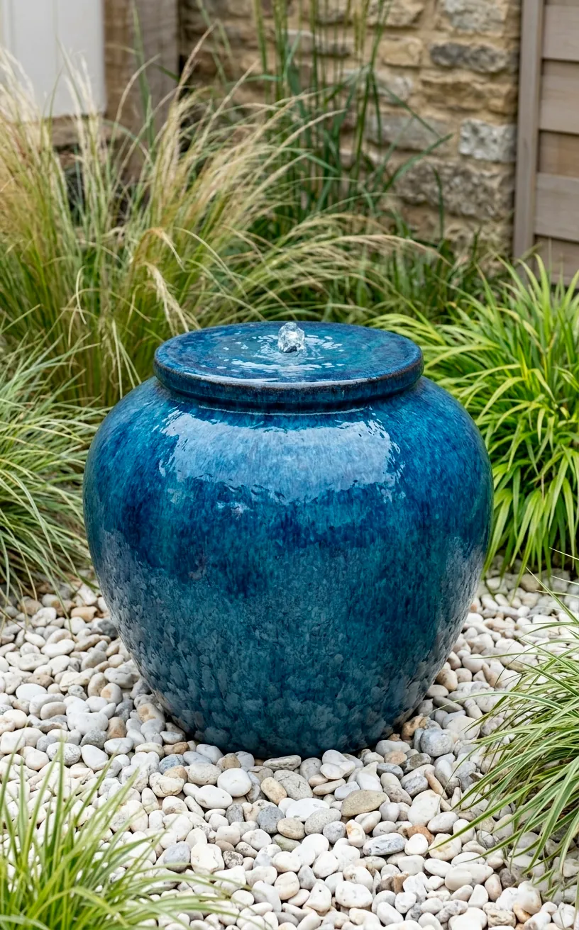 Cerulean blue round urn fountain with bubbling top on a modern patio.