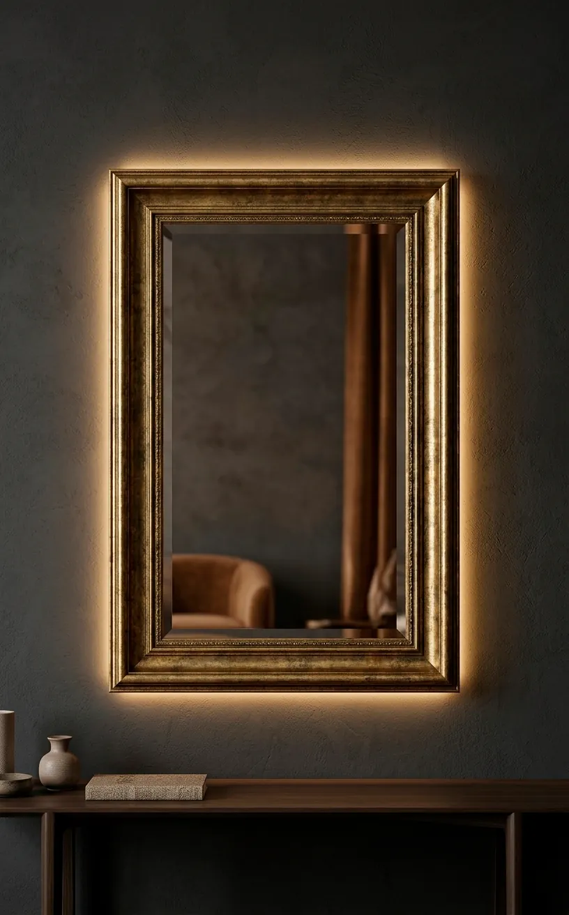 Backlit gold mirror on a charcoal staircase wall.