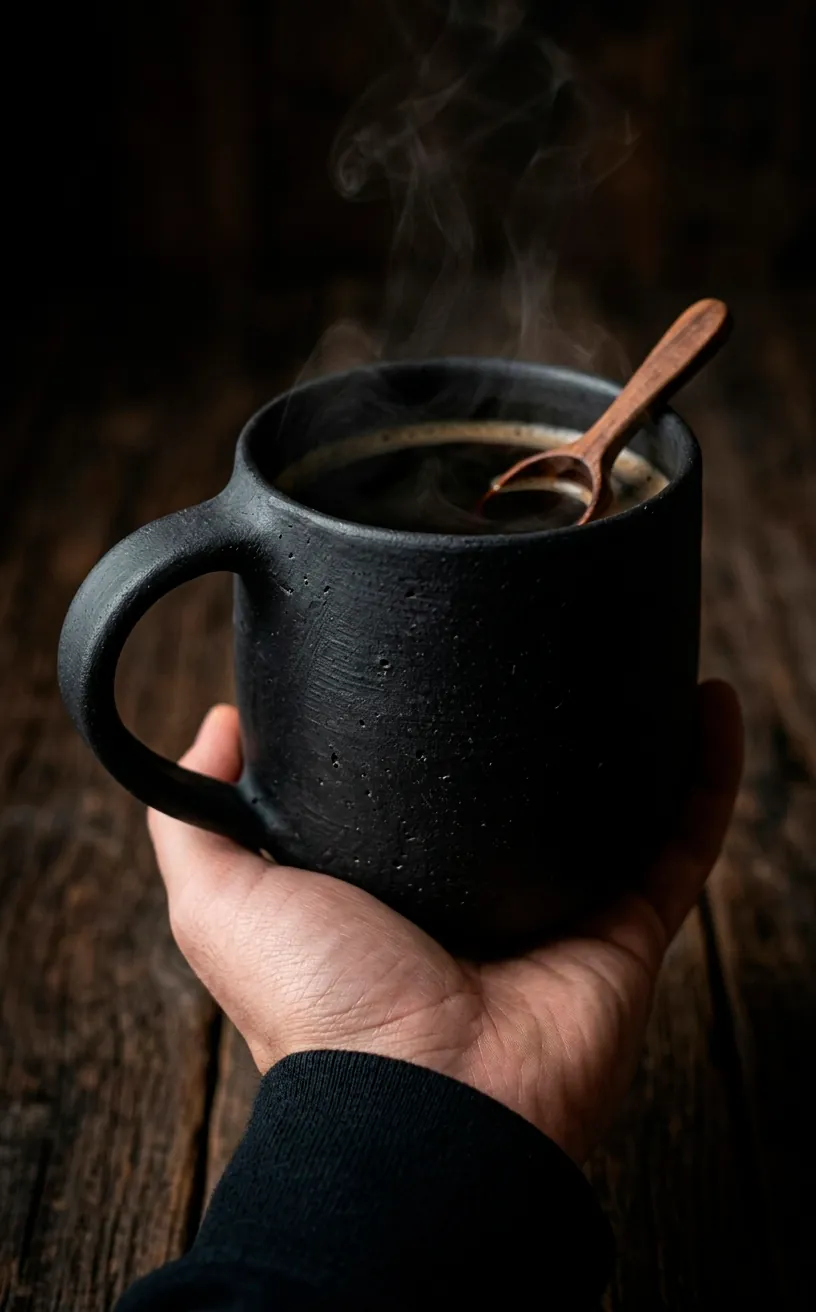 Hand holding a matte black ceramic mug with steam in a dark setting.