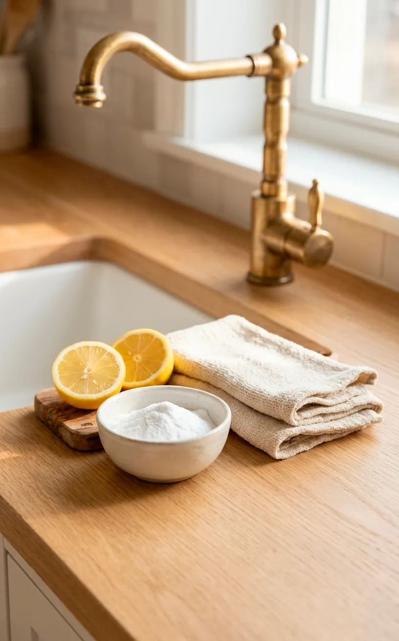 Natural cleaning supplies like lemon and baking soda next to a brass kitchen faucet.