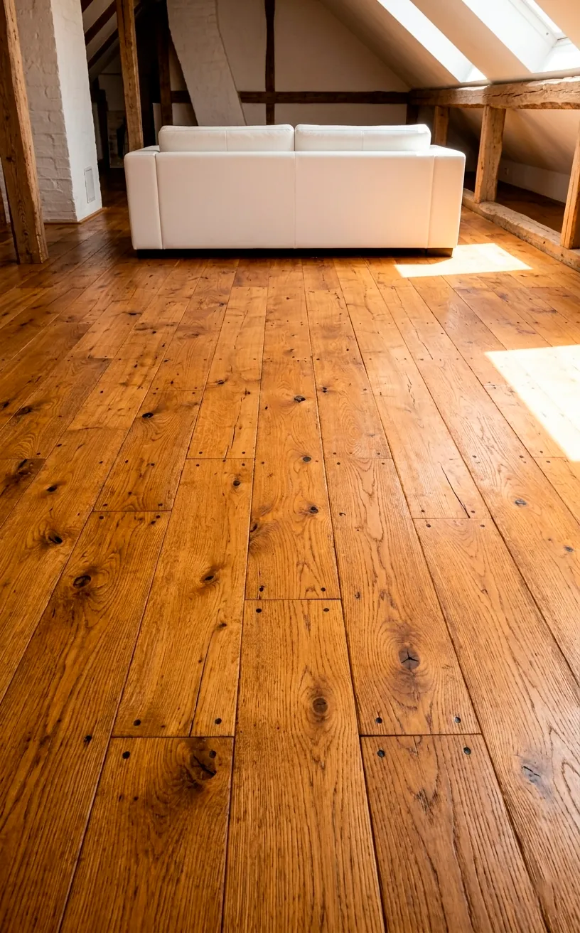 Wide-plank reclaimed hardwood flooring in a bright, sustainable attic loft.