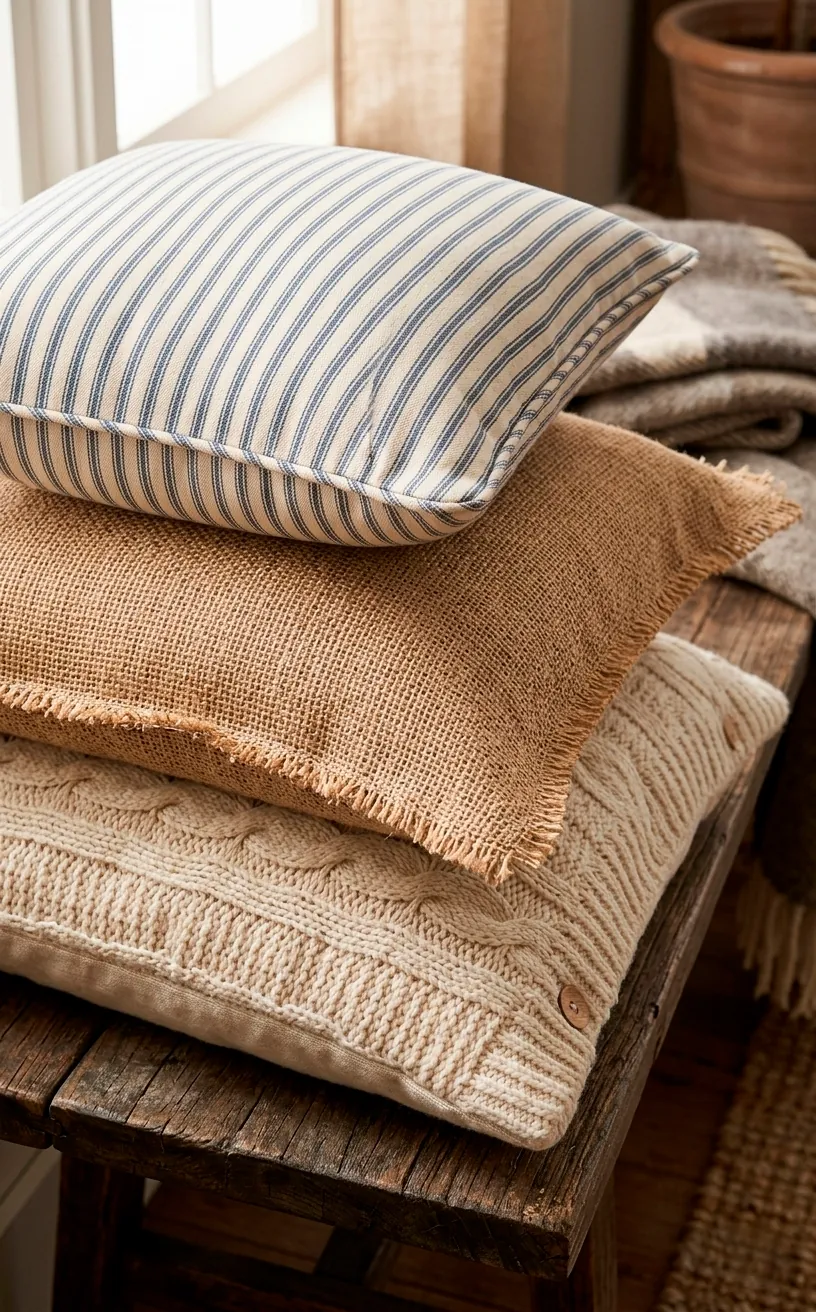 Layered farmhouse pillows with ticking stripe and burlap textures.