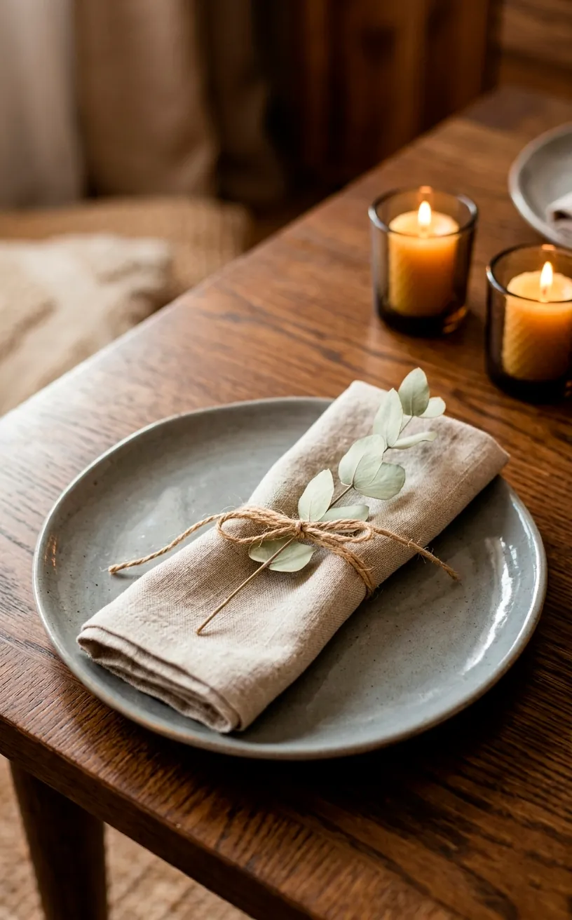 Minimalist stoneware place setting on a low wooden table for a romantic dinner.