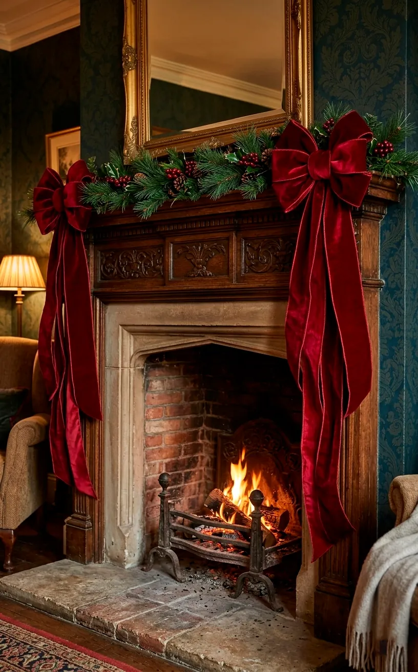 Large red velvet bows with long tails decorating the corners of a fireplace.