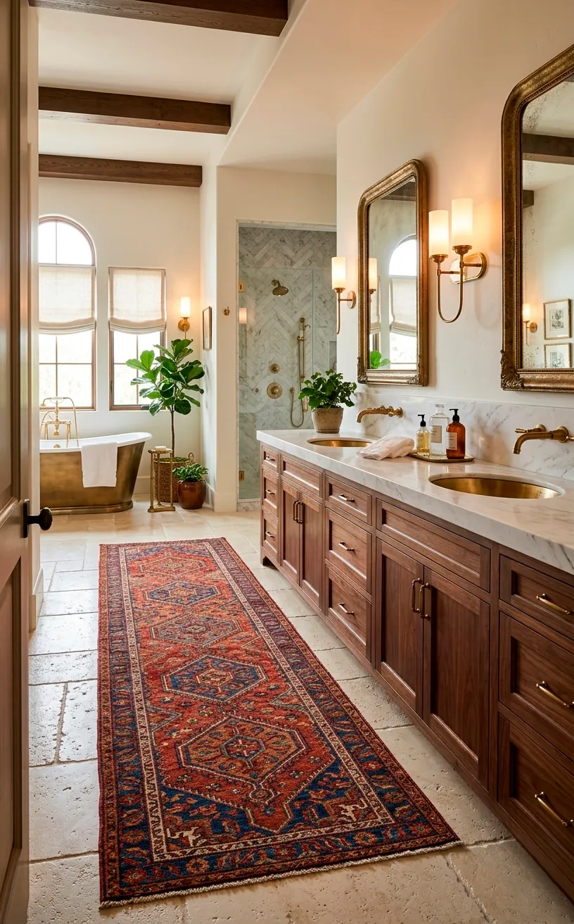Long colorful kilim runner rug in a luxury bathroom with a double vanity and marble counters.