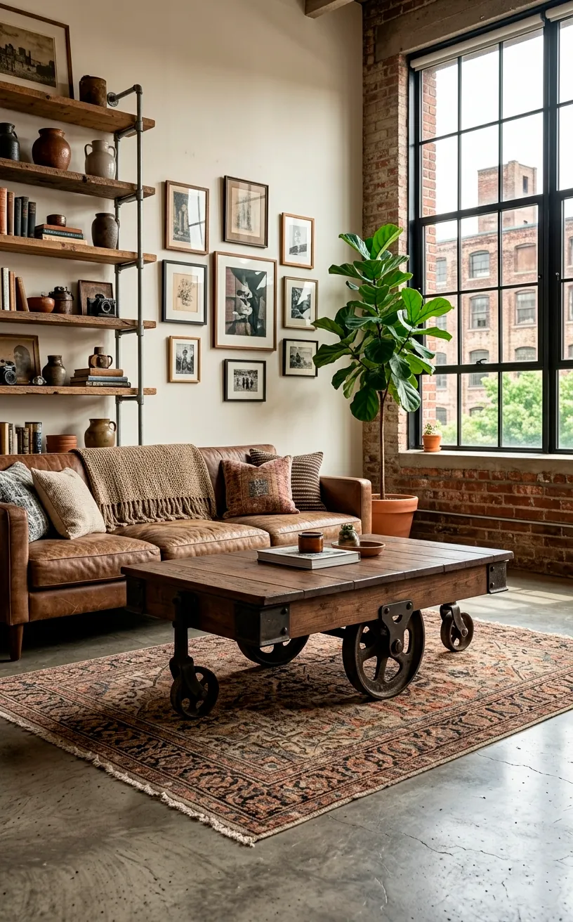 Repurposed industrial factory cart used as a coffee table in a loft.