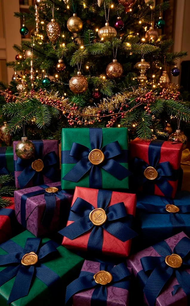 Holiday gifts wrapped in jewel-toned paper with thick midnight navy ribbons and gold seals.