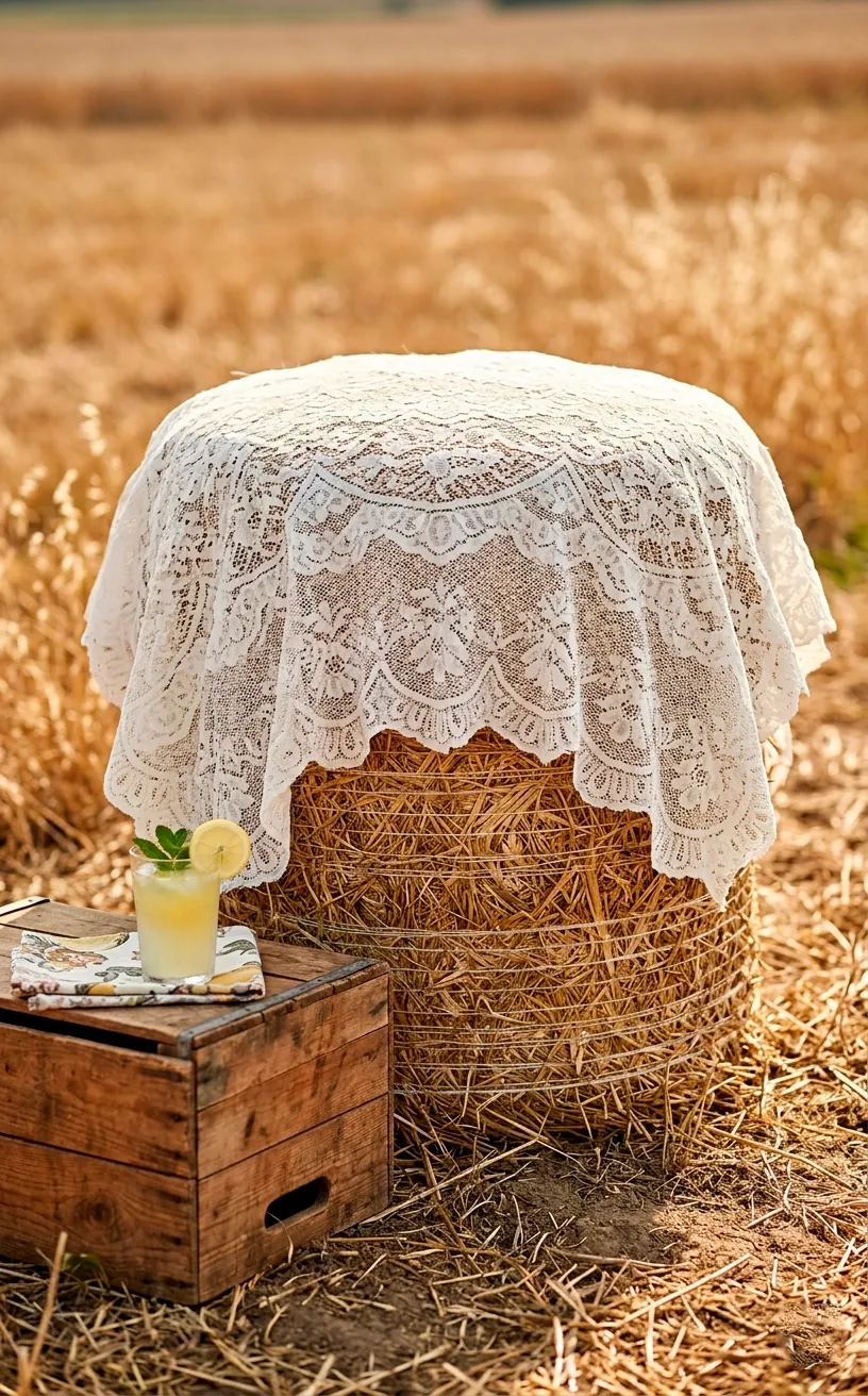 Close-up of a hay bale covered in lace fabric used as outdoor wedding seating.