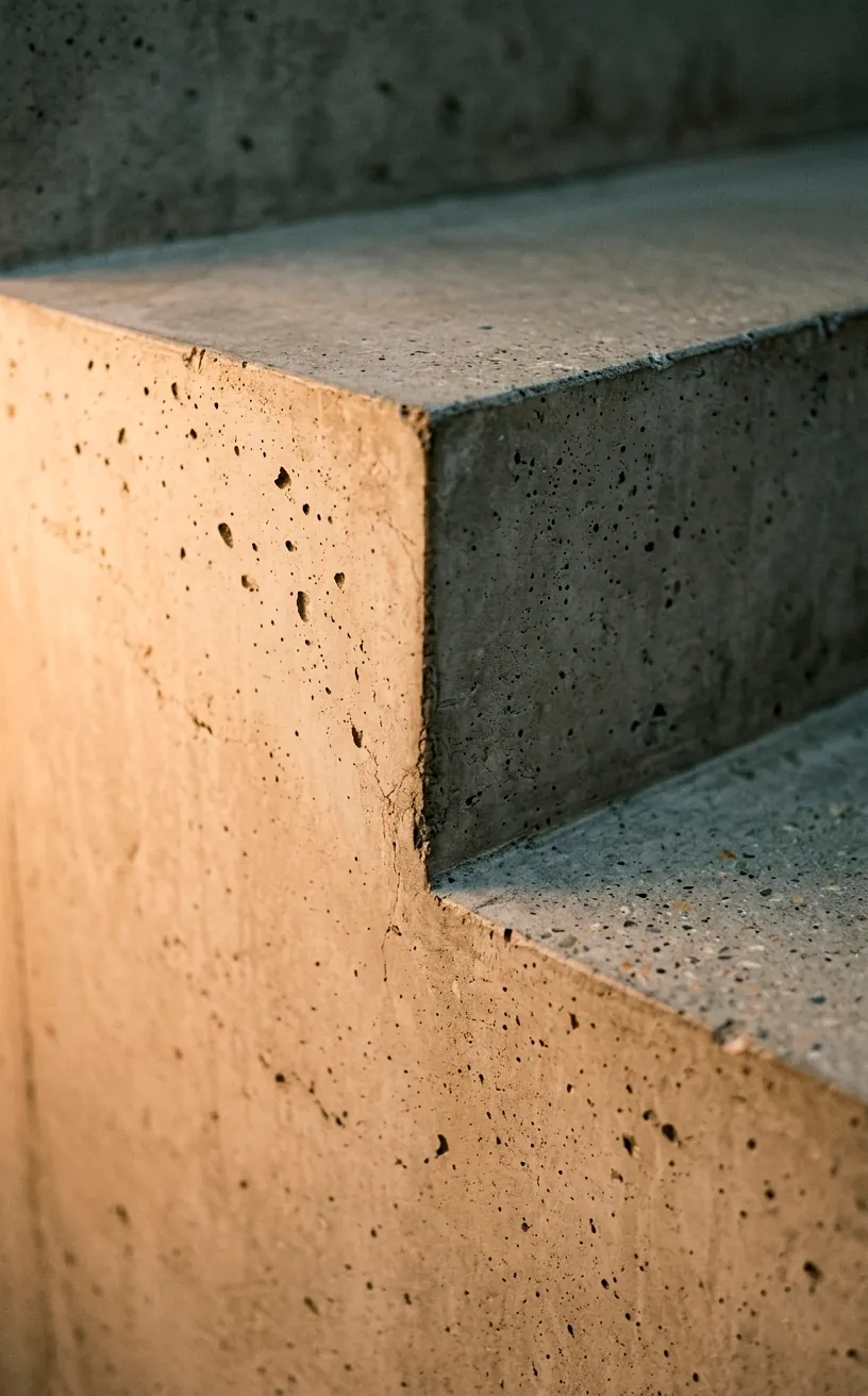 Close-up detail of smooth raw concrete stair texture with integrated warm LED lighting.