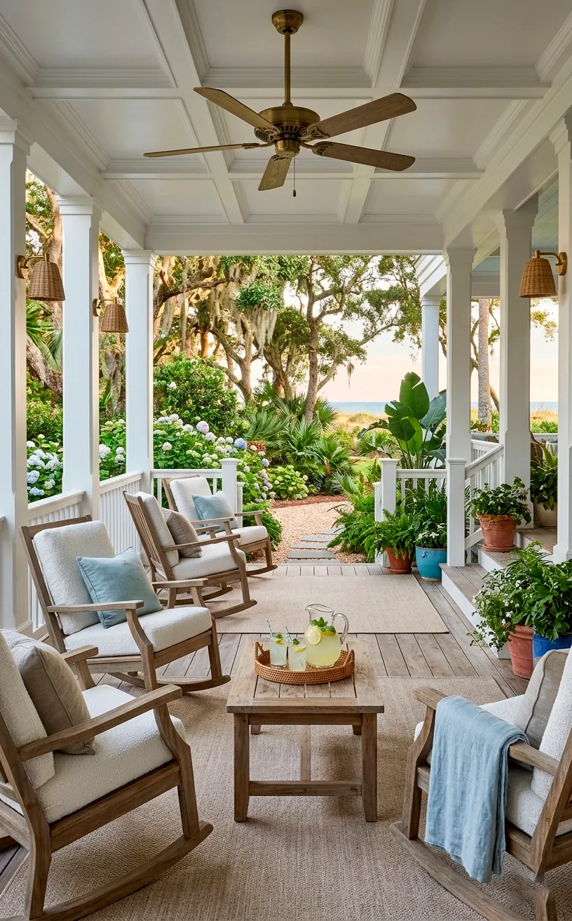 Elegant wraparound porch with teak rocking chairs and a refreshing coastal vibe.