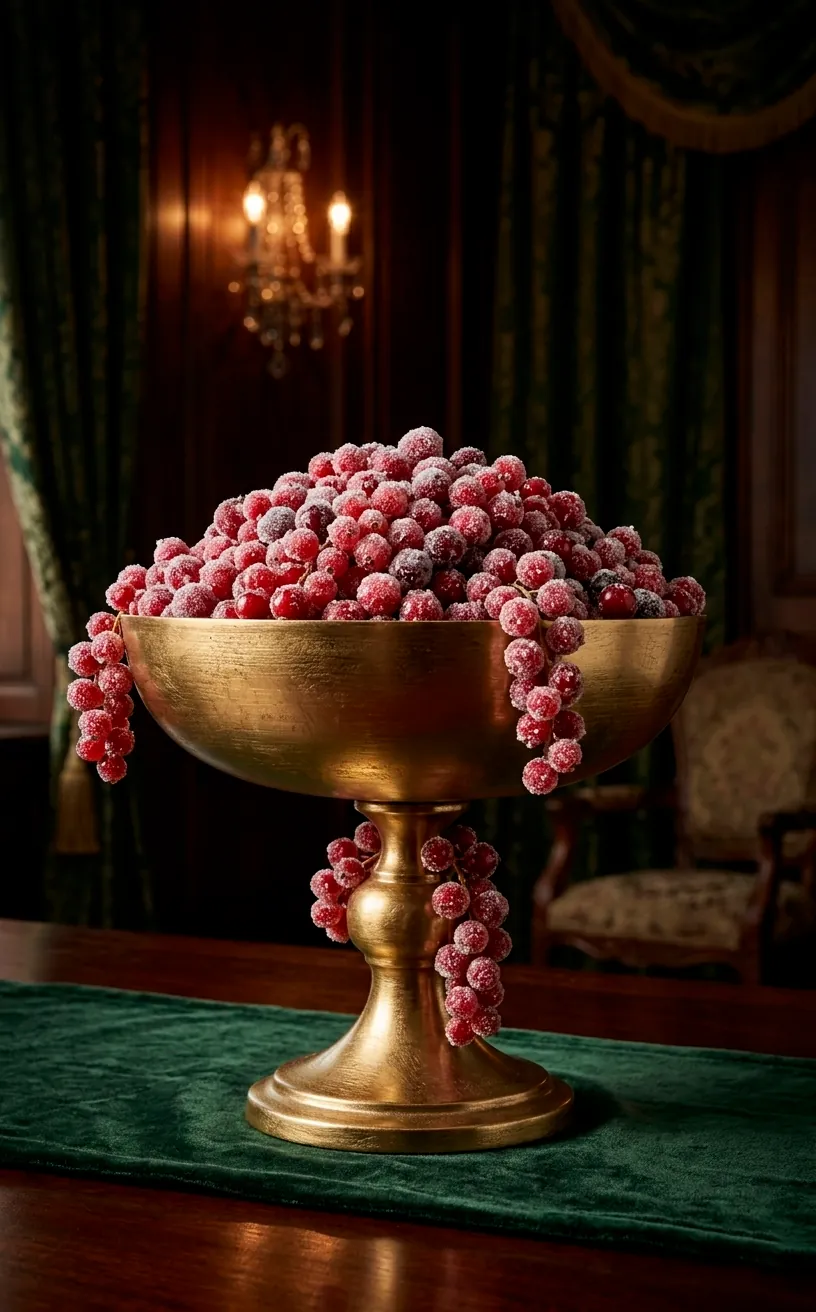 Gold compote dish filled with frosted red berries on a holiday table.