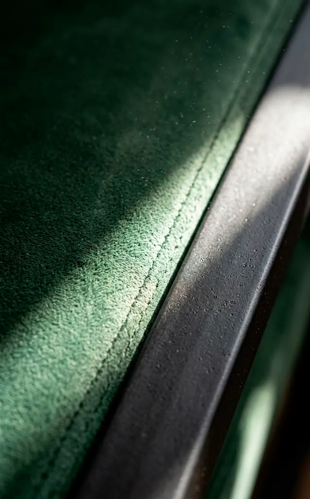 Macro detail of emerald velvet meeting a black iron sofa frame in an industrial loft.