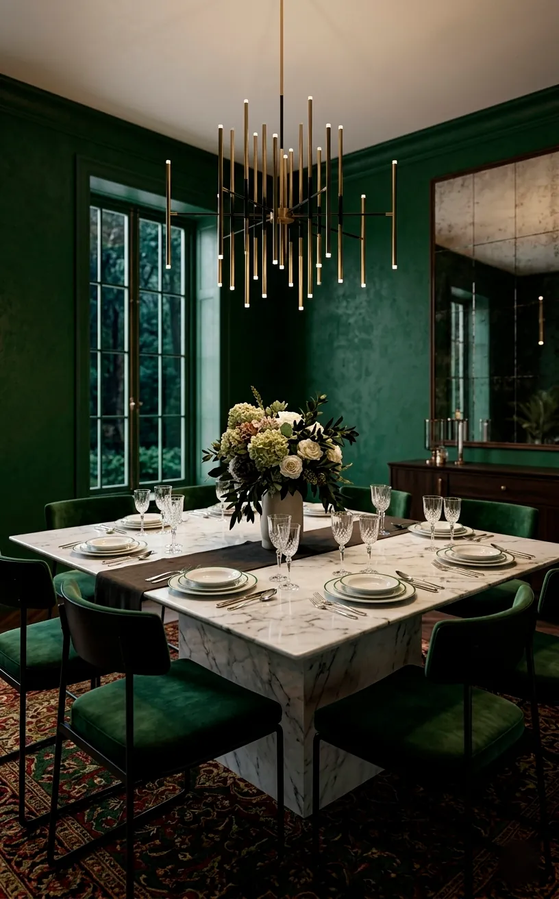 Forest green dining room featuring a white marble table and black chairs.