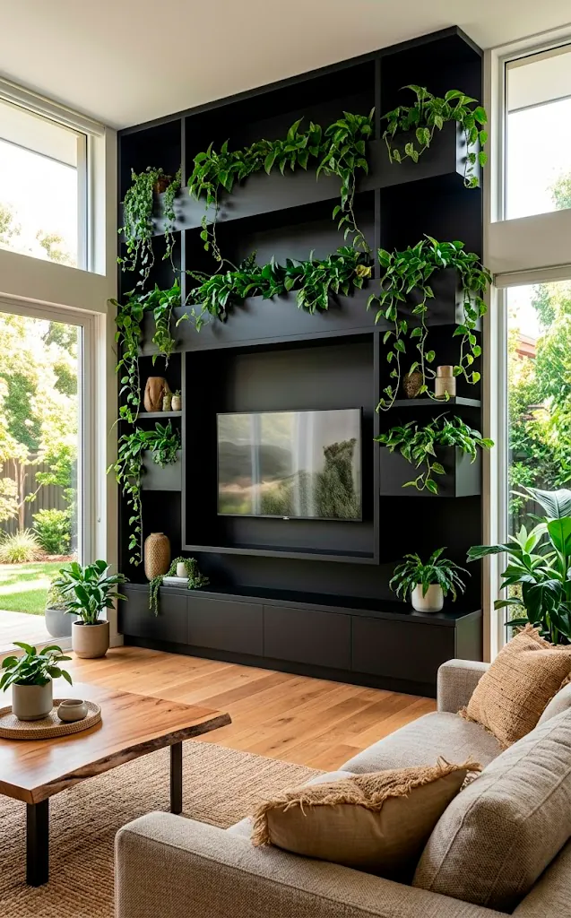 Matte black TV wall unit with integrated indoor plants and greenery.
