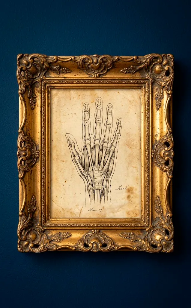 Ornate gold frame with vintage anatomy sketch on a navy wall.