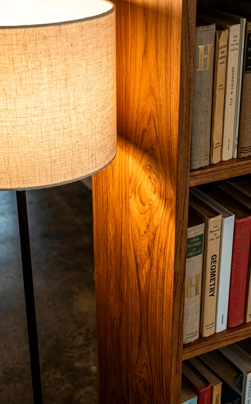 Linen shade floor lamp illuminating a teak bookshelf in a cozy corner.