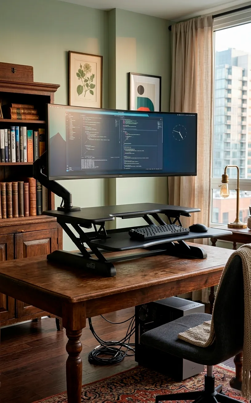 Black standing desk converter on an antique wooden table in a transitional style room.