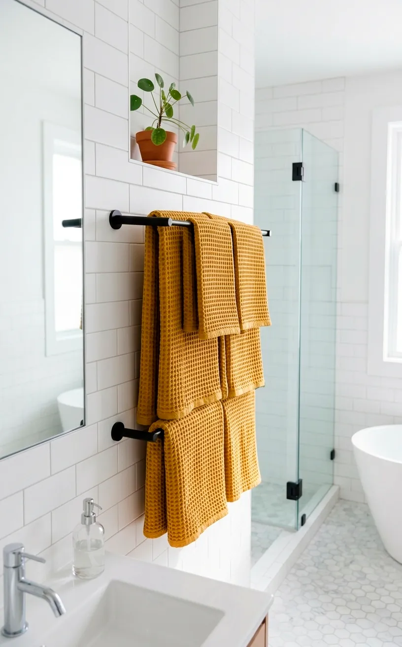 Mustard yellow waffle knit towels hanging on a rack in a modern white bathroom.