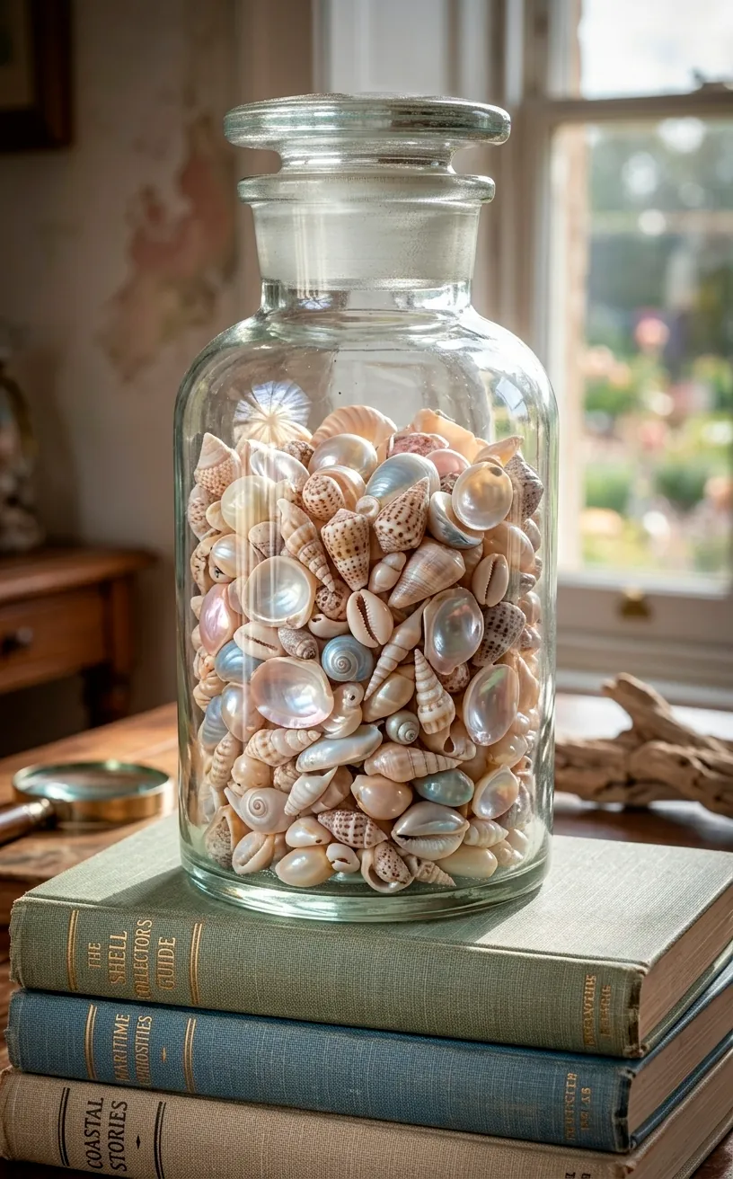 Glass jar filled with seashells sitting on decorative books.