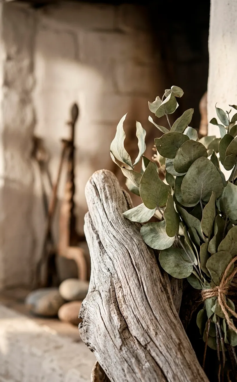 Close-up of driftwood and dried eucalyptus branches in a fireplace.