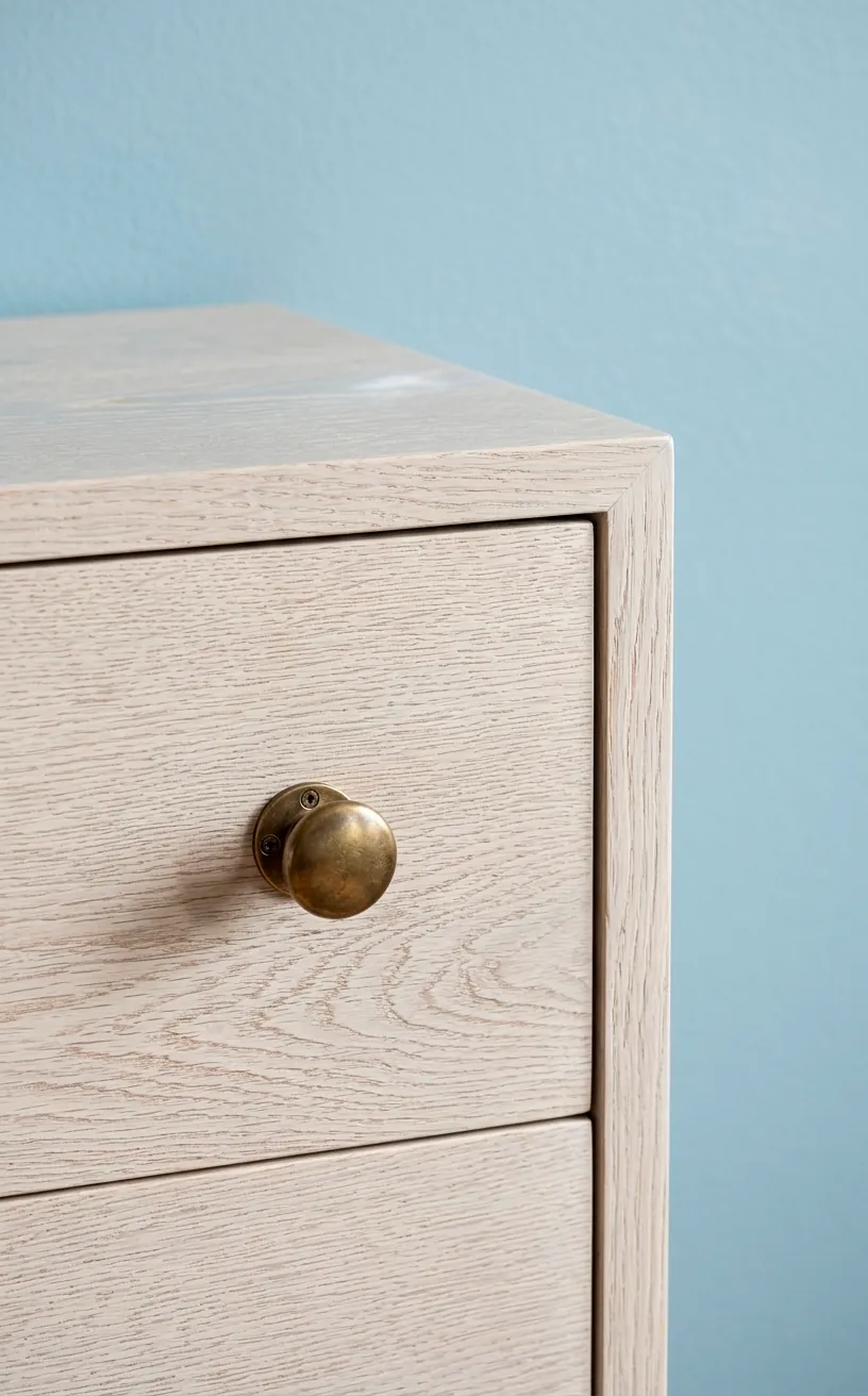 Detail of a whitewashed wood dresser grain and brass handle.