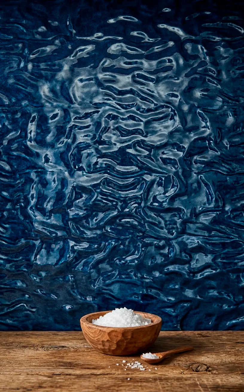 Textured indigo blue backsplash tiles with sea salt bowl.
