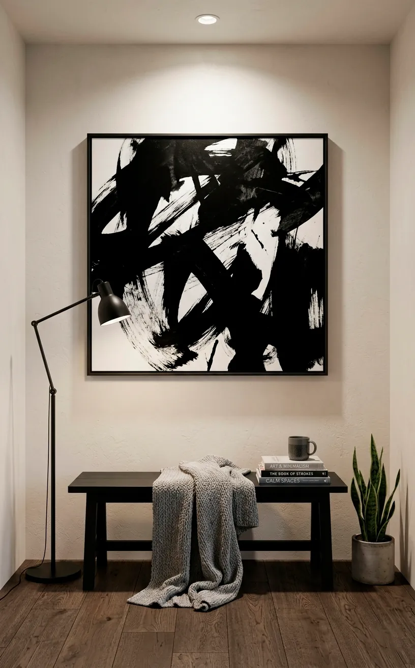 Minimalist reading corner featuring a large black and white abstract painting.