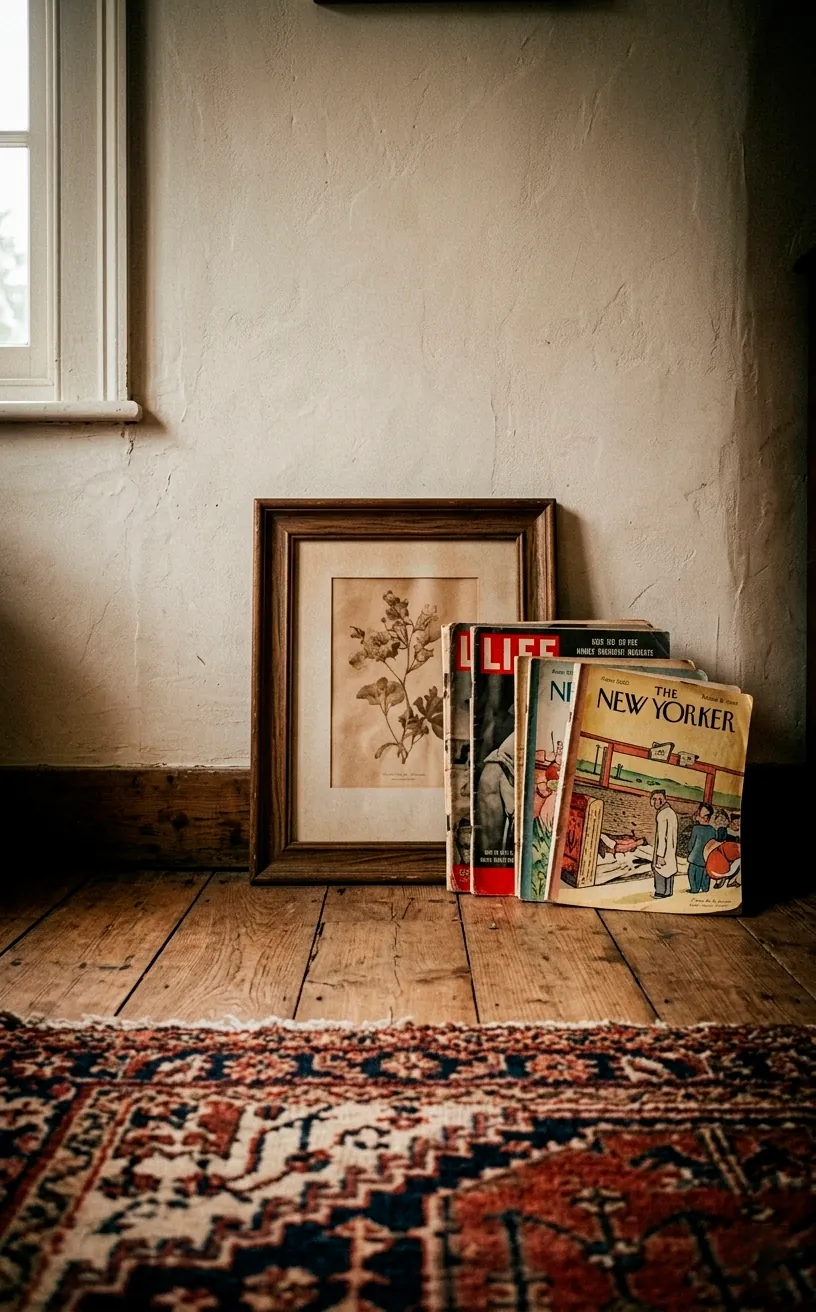 Detail of art leaning against a baseboard in a floor-hugging gallery layout.