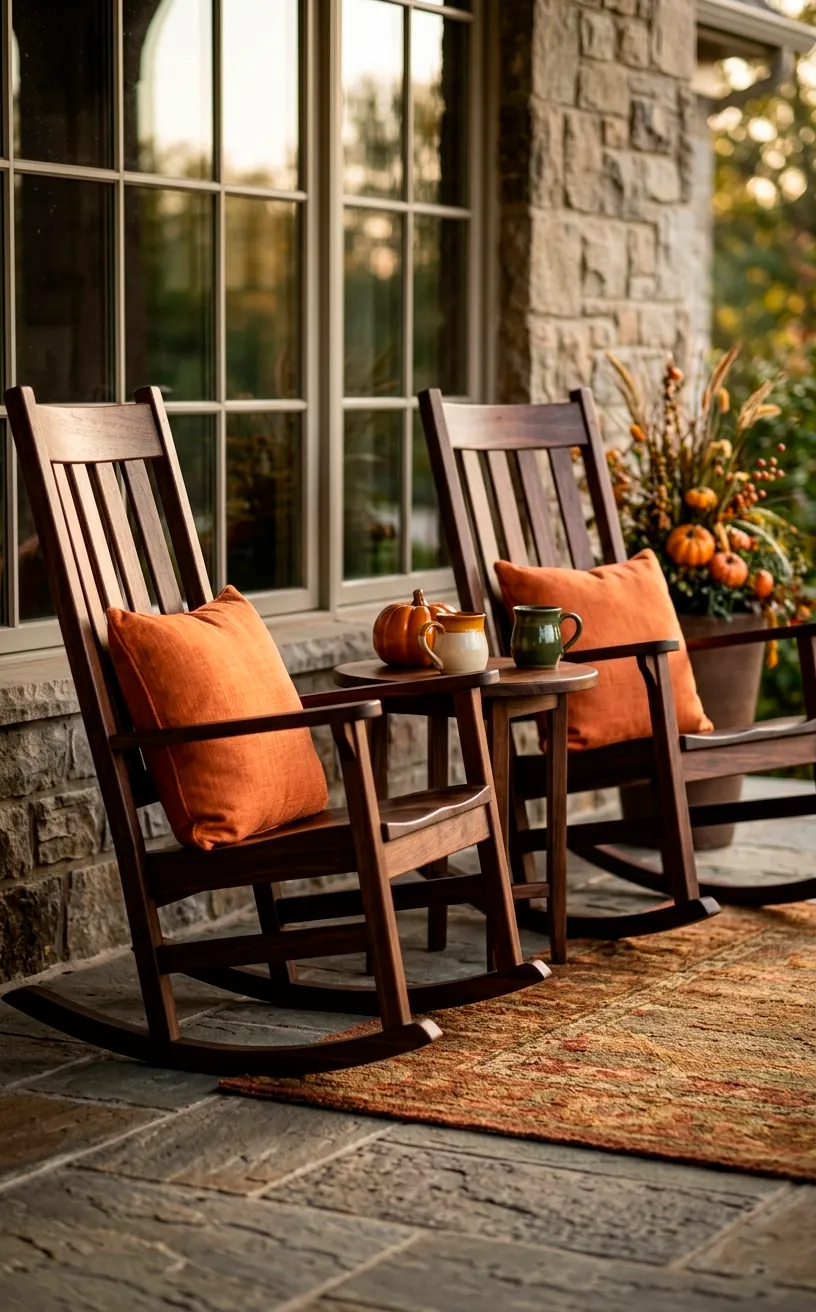 Dark walnut rocking chairs with orange pillows on a fall porch.