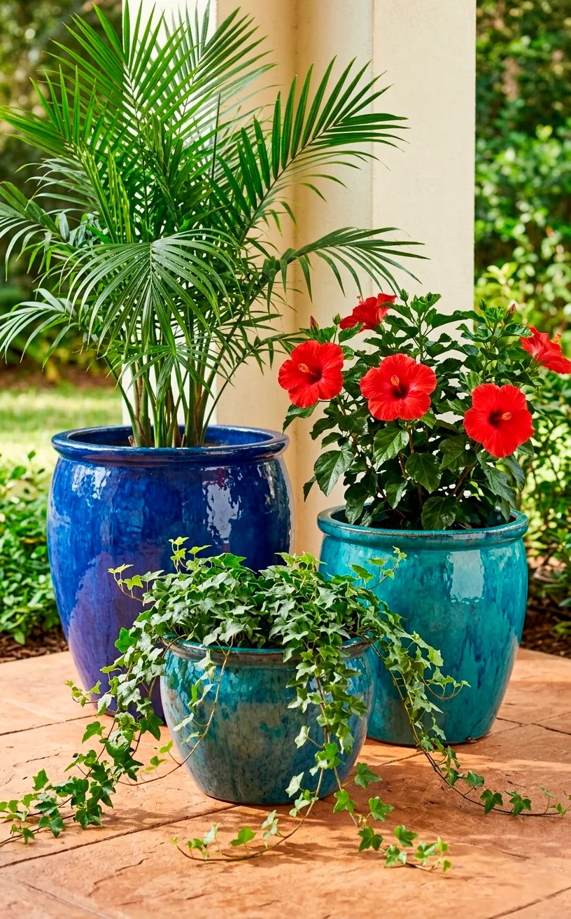 Group of blue ceramic planters with tropical plants on a patio.