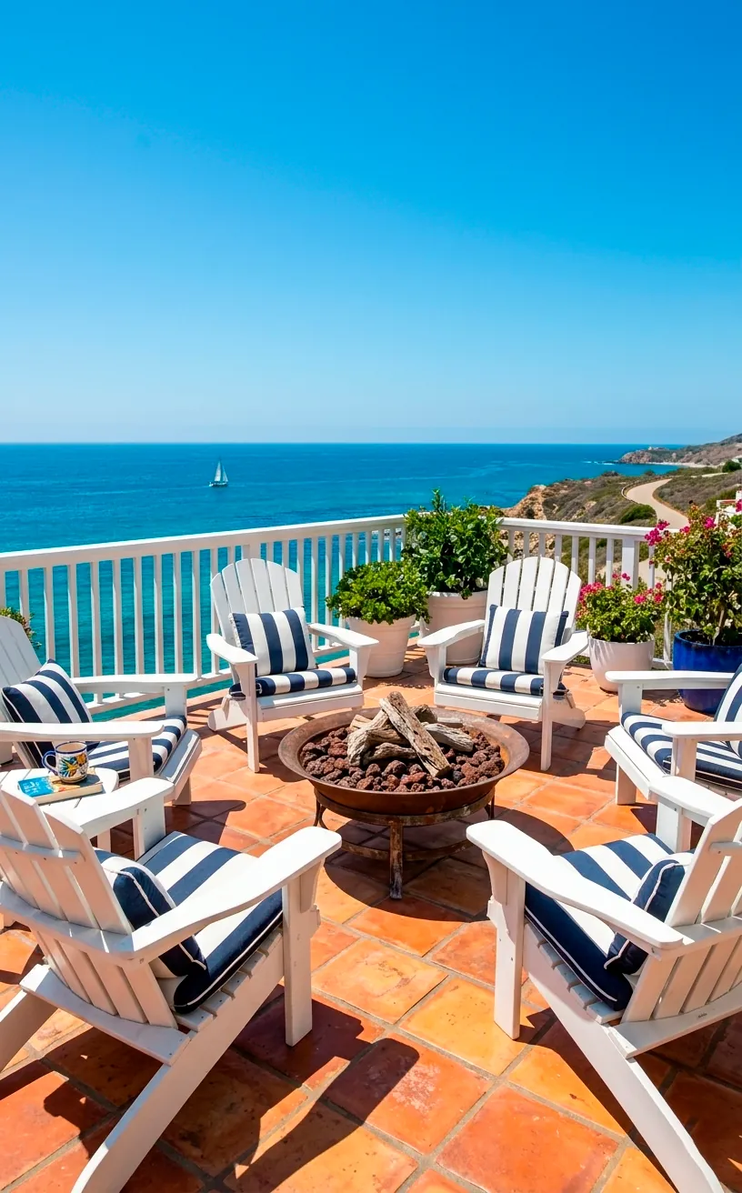 Coastal patio with terracotta tiles and navy striped cushions overlooking the ocean.